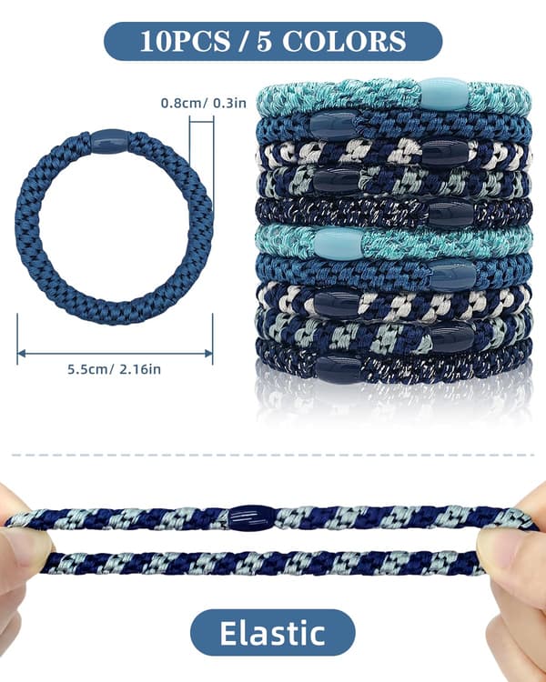 Hårelastikker til Piger & Damer – 10-pak Multifarvede Elastiske Hårbånd, Mode Hårelastik/Armbånd til Tykt & Krøllet Hår blå