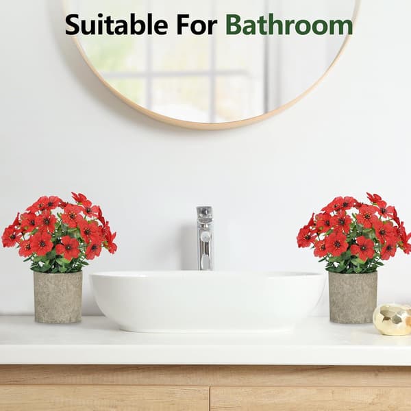 Small Artificial Plants 2-Pack – Fake Potted Plants with Daisy & Eucalyptus for Bathroom, Office & Home Red