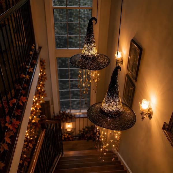 1/2/3-pakke lysende heksehatt til Halloween, hengende LED-dekorasjon med lysende stjerner til veranda, uteplass og fest 2 Pcs