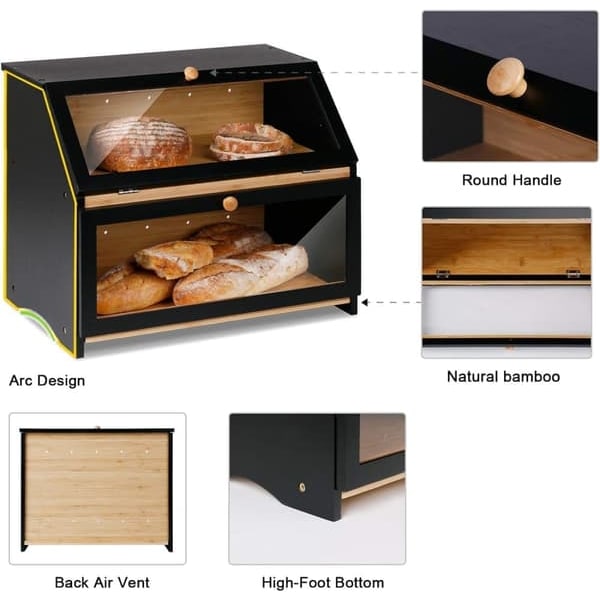 Double Wooden Bread Box for Kitchen Counter - Large Two-Tier Bread Storage with Spacious Design