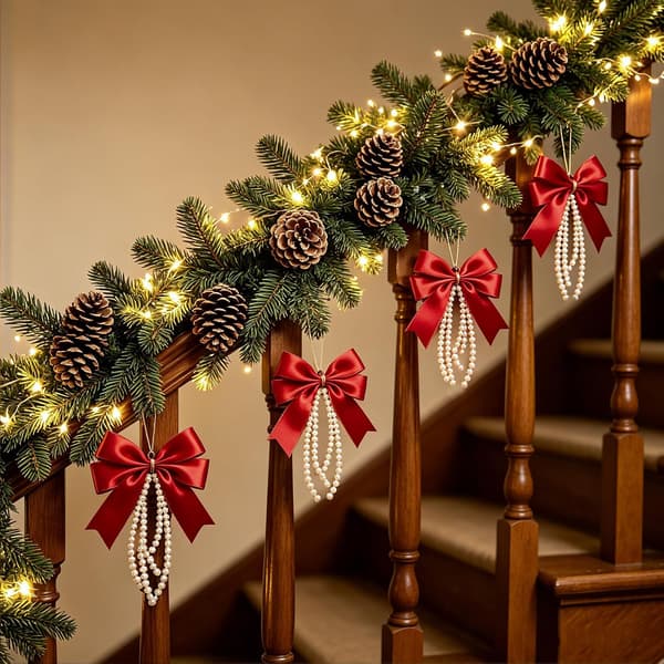 12-pack Christmas Tree Decorations with Bows and Pearl Chain, Decor for Christmas Tree and Home Wine Red