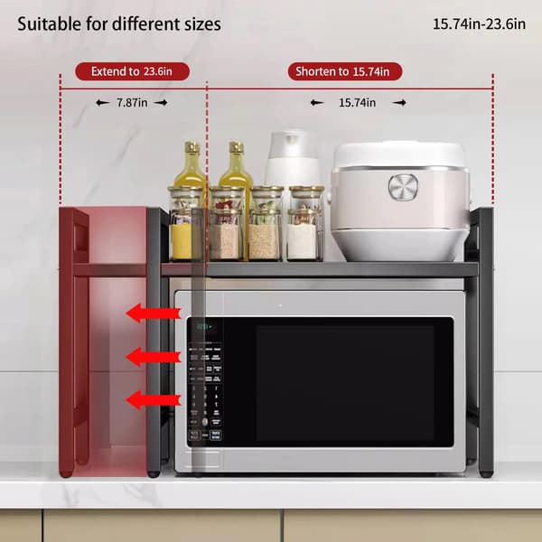 Udtrækkelig Mikrobølgeovn Hylde Organizer 42-64cm - Rustfri Bordplade Stand til Opbevaring af Service - Sort