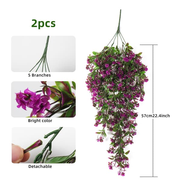 2-pak kunstige fuchsia hængeplanter, blomster og eukalyptusløv, UV-bestandig Purple
