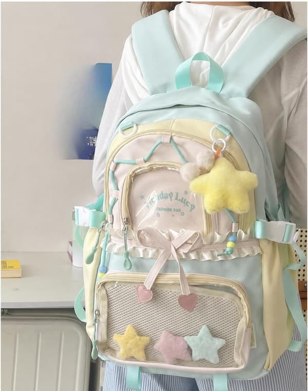 Women's Backpack with Transparent Display Pocket, Kawaii Y2K School Bag with Star Pendant Blue