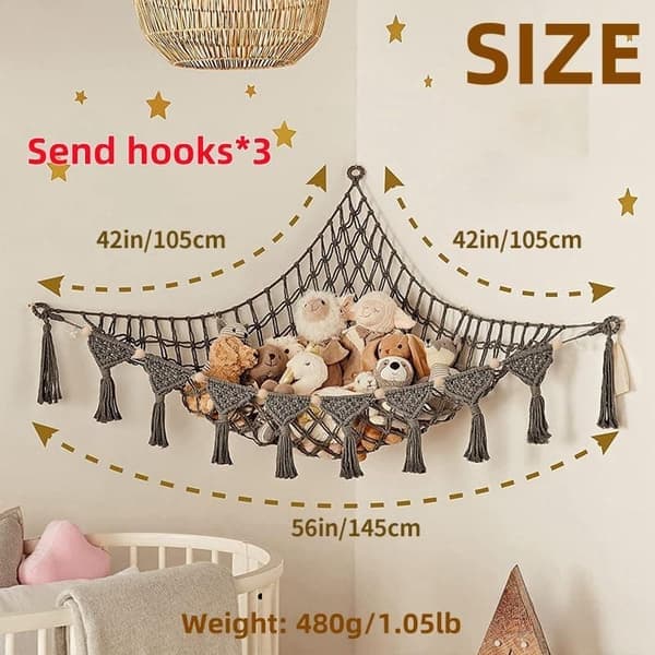 Boho Macramé -verkko/riippumatto pehmoleluille - pehmolelujen säilytys harmaa