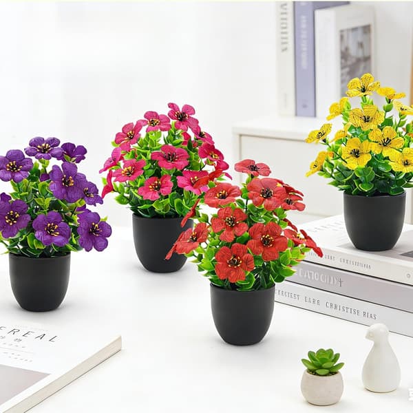 Artificial Mini Plants 4-pack – Decorative Flowers for Home Decor, Office, Table, and Spring Decoration Black