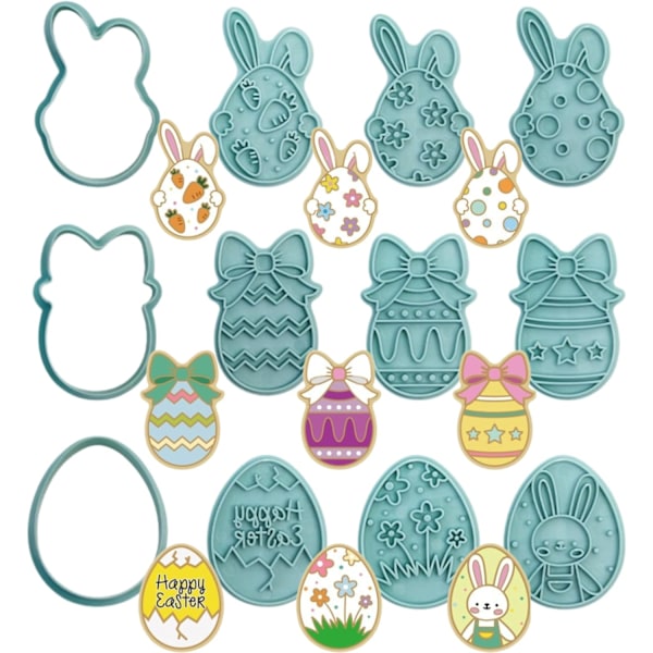 Cookie Cutters Easter 12 Pcs – Easter Egg Biscuit Molds with 3D Stamp for Cookie Baking DIY Easter Decoration Party Kitchen Utensils