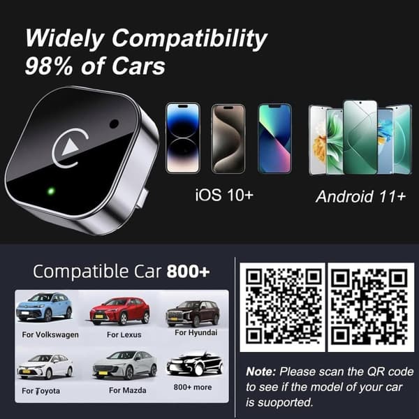 Trådløs CarPlay Adapter – 2-i-1 CarPlay og Android Auto Adapter, Plug & Play, Hurtig Auto-tilslutning