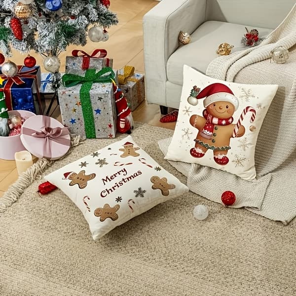 Christmas Pillow Covers 45x45 cm 4-pack with Gingerbread and Candy Canes, Decorative Sofa Cushions 45x45cm