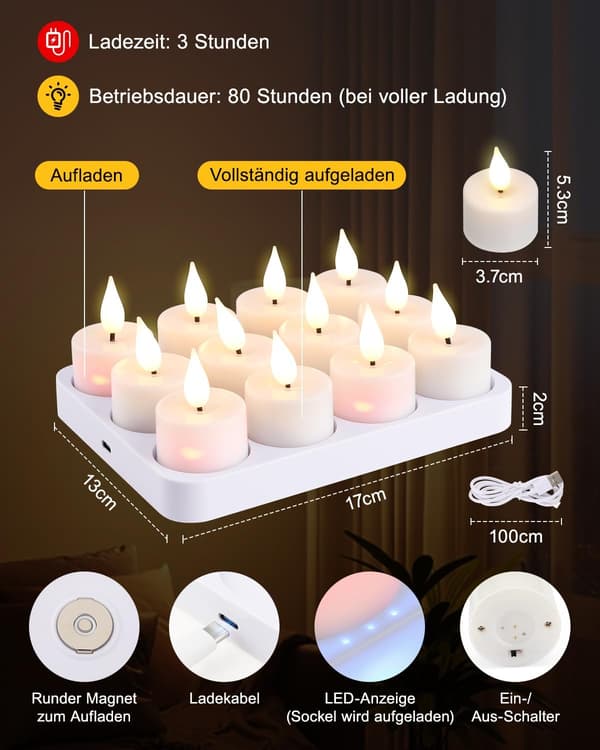 Flameless LED Lights 12-pack, Rechargeable LED Lights with Flame Effect, Timer, Magnetic Charging Station and Remote Control B