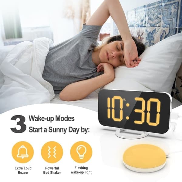 Extra Strong Digital Alarm Clock for Deep Sleepers | With Bed Shaker + Adjustable LED Lighting | Dual Alarm & Snooze Function gul