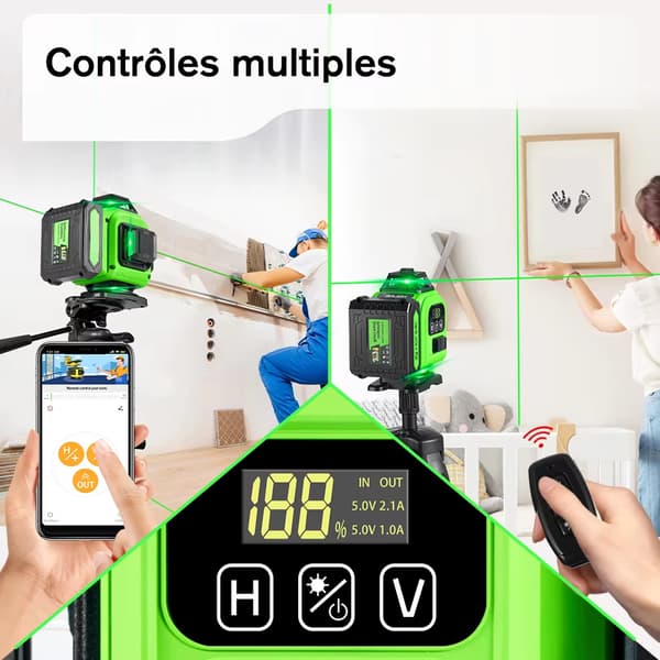 16 linjer 4D grön lasernivå - APP+fjärrkontroll, H/V 360°, batteridisplay, stativ 100cm, IP54