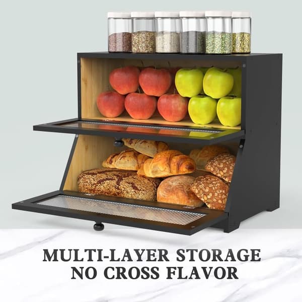 Double Wooden Bread Box for Kitchen Counter - Large Two-Tier Bread Storage with Spacious Design Black