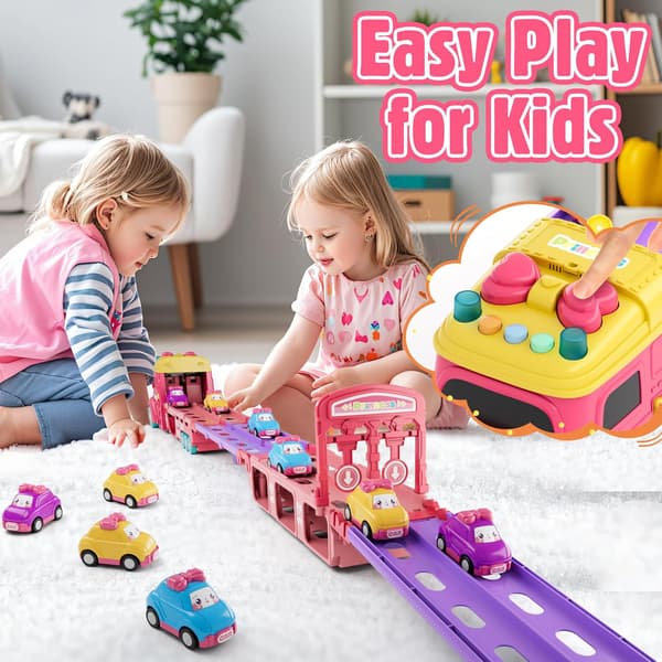 Lastbil Legetøj til Børn – Foldbar Prinsessebane med Udskydningsfunktion, 6 Biler & Lys/Lyd – Pink til Piger 3–6 år
