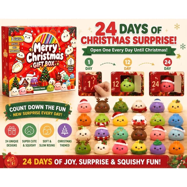 Julekalender 2026 med 24 Squishy Dumplings – Mystisk Mystery Box med bløde Bao- og Squishy-figurer til børn