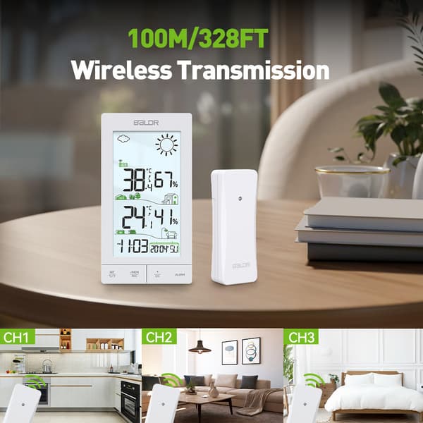 Trådløs vejrstation med udendørs sensor – Digitalt termometer/hygrometer & DCF-ur, hvid