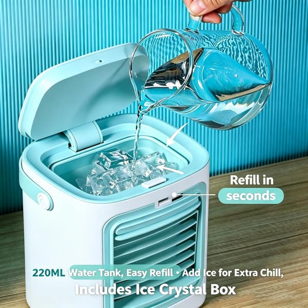 Mini Airconditioner, Bærbar Fordampningskøler med 3-trins Ventilator, Luftfugter og Berøringskontrol White & Blue