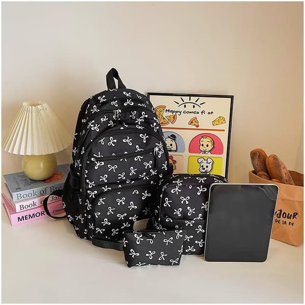 3-Piece Backpack Set with Bow, Large Daypack with Lunch Bag and Pencil Case for Work, Travel, and Everyday Use Black&Red