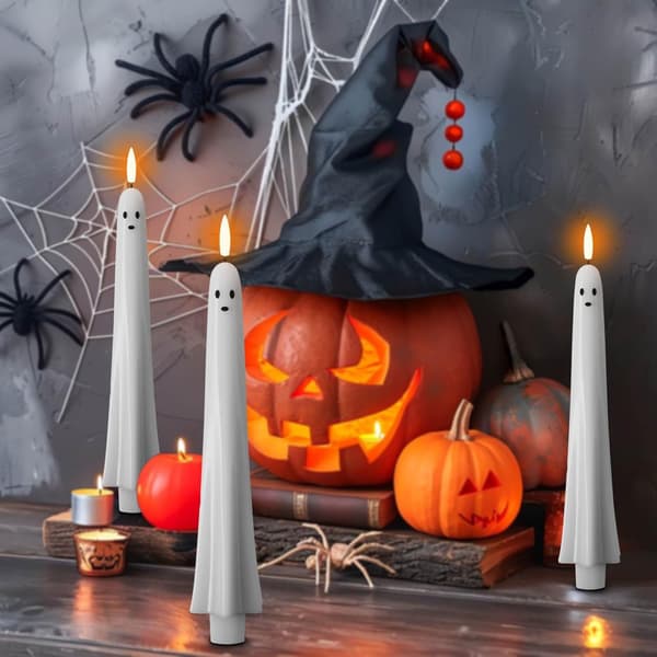 2/4/6 pcs Ghost Shaped LED Candles with Remote Control and Timer, Flameless Halloween Candles for Mantel and Table 4pcs
