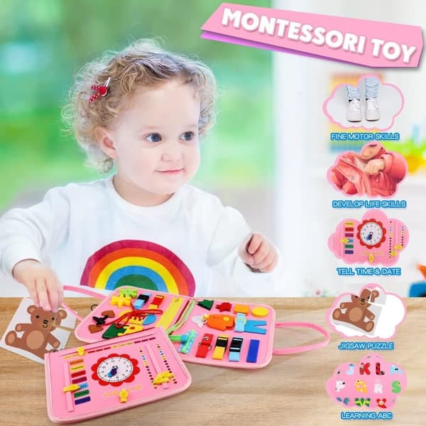 Montessori Busy Board Toy för Barn 1–4 År – Utbildande Sensorisk Lekbräda rosa