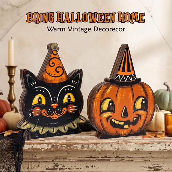 Træ Halloween Vægdekoration Panel - Sort Kat & Græskar Design til Indendørs Brug Style-A