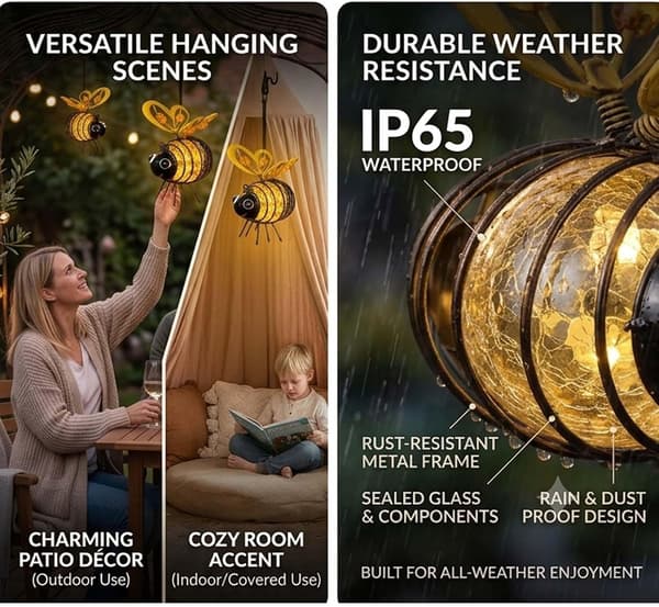 1/2/4-pack Hanging Solar Bee Lantern, Warm LED Lighting for Garden, Patio, Balcony, and Camping Yellow 2-PACK