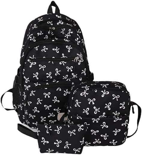 3-Piece Backpack Set with Bow, Large Daypack with Lunch Bag and Pencil Case for Work, Travel, and Everyday Use Black&White