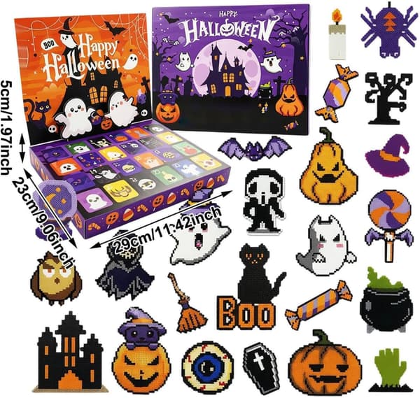 Halloween Advent Calendar for Kids, 24 Days, Beads and Pegboards with Tools and Templates, Creative Craft Set