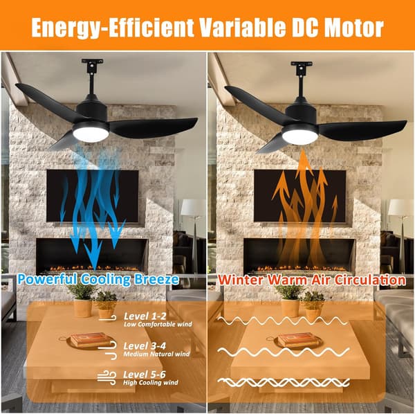 Ceiling fan with LED lighting 106/132 cm, remote control, dimmable, for patio and terrace, modern design Black 132cm