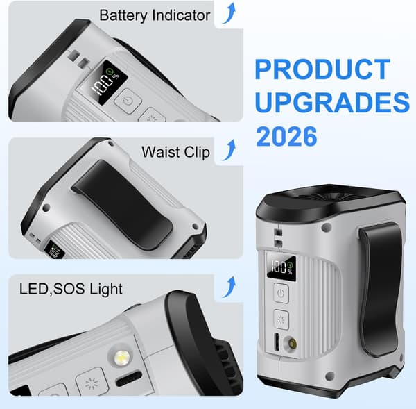 Bærbar Taljeklemmeventilator 3000mAh Bærbar Ventilator 3 Hastigheder 360° Justerbart LED Lys Håndfri Køleventilator til Rejser Arbejde Grey
