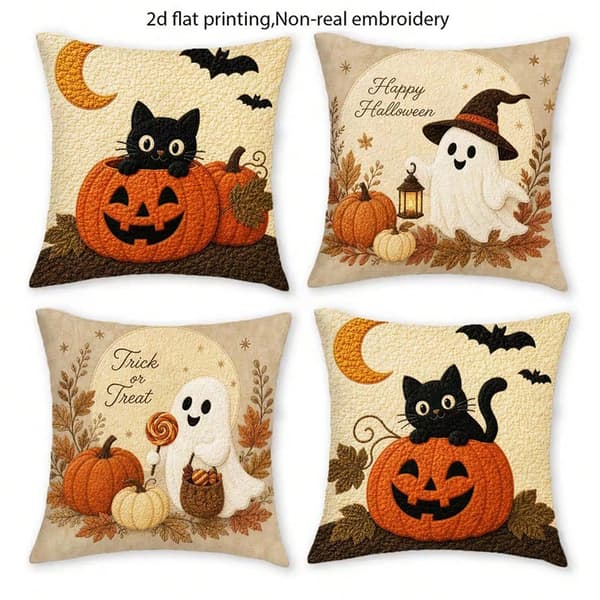 4-pak 45x45 cm pudebetræk - Kat & Halloween Retro Rustik Lynlås til Sofa Seng Style 2