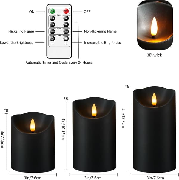 24-pack Black Flameless LED Candles with Remote Control, Timer, and Flickering Effect, Decorative Lights for Halloween and Christmas 24pcs