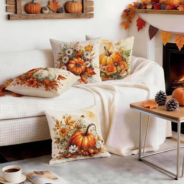 Putetrekk 45x45 cm 4-pakning med gresskar og høstløv, dekorative sofaputer til stue og Halloween B