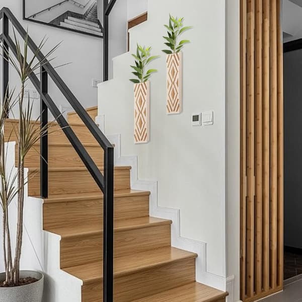 Set med 3 väggvaser i trä, rustik stil - Boho torkade blommor för badrum, hall, bondgård - Vit White