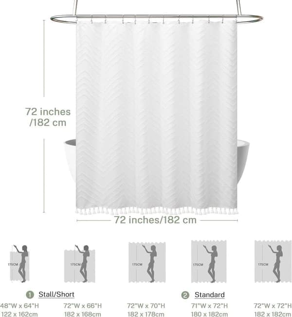 Extra Long Shower Curtain in White - Boho Minimalist with Tassels & Chevron Pattern 183*183CM