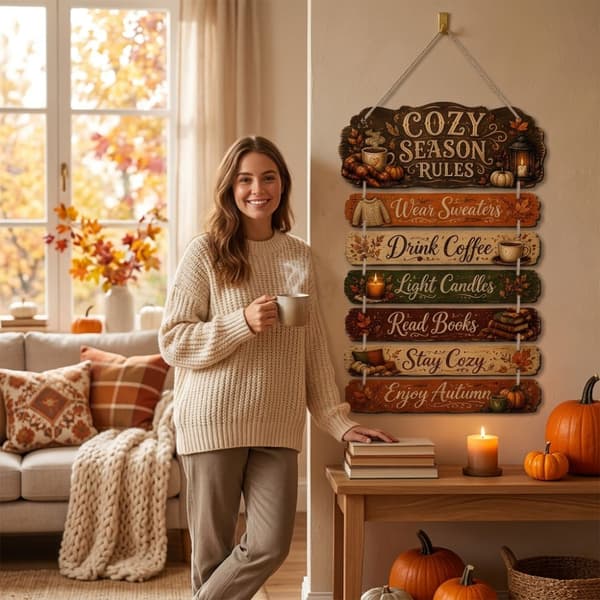 2D Trähängskylt - \"Stay Cozy Enjoy Fall\", Höstcitat Väggdekor för Hem Tacksägelse Style 1