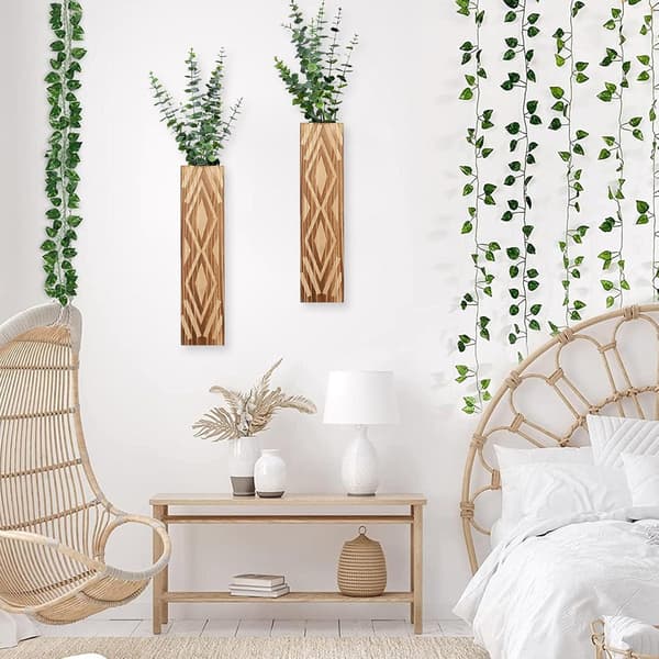 Set med 3 väggvaser i trä, rustik stil - Boho torkade blommor för badrum, hall, bondgård - Brun Brown