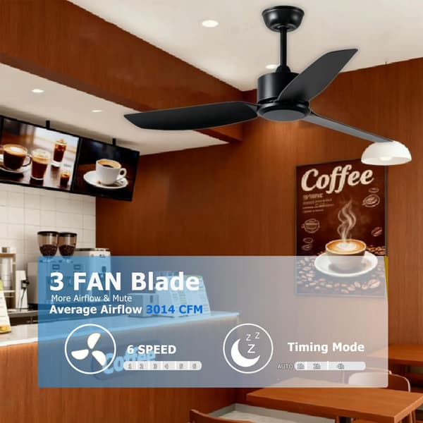 Loftventilator uden lys 3 blade, fjernbetjent loftventilator med 6 hastigheder, vendbar rotation og timer Black