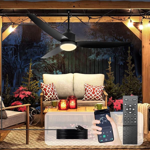Ceiling fan with LED lighting 106/132 cm, remote control, dimmable, for patio and terrace, modern design Black 132cm
