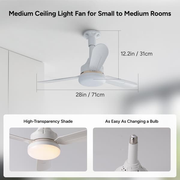 LED-takfläkt med belysning, 71 cm lågprofilsdesign, fjärrkontroll, 3 tysta blad, dimbar belysning, infälld fläkt för sovrum, barnrum White