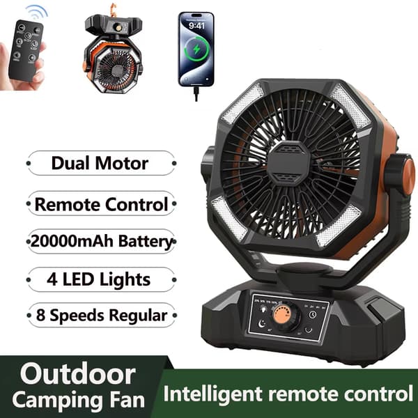 Campingventilator med 4 LED-lanterner - 8 hastigheder, timerfunktion, 20000mAh batteri, bærbar udendørs ventilator til campingfiskeri - Orange Orange