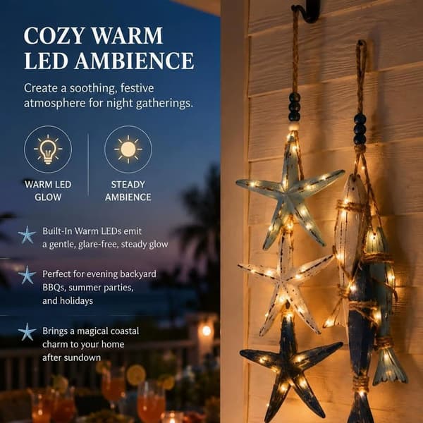 Belyst Träfisk Väggdekor - Varmvit LED Kuststil för Badrum Veranda Strandhus Marin Atmosfär Style 2
