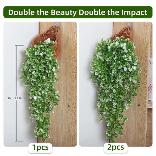 2-pak kunstige hængeplanter, hvide blomster og eukalyptusløv, UV-bestandig White