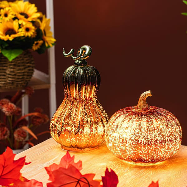 1/2-pak Halloween Græskarlamper i Glas med LED, Guld, Batteridrevne Dekorationslamper til Efterår og Hjem Orange & Green