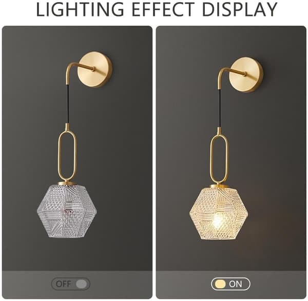 Vägglampa i glas - Infälld montering, mässing, lampskärm i glas, E27-sockel för sovrum, vardagsrum, kontor - Sänglampa Embedded mount