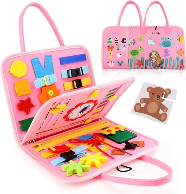 Montessori Busy Board Toy för Barn 1–4 År – Utbildande Sensorisk Lekbräda rosa