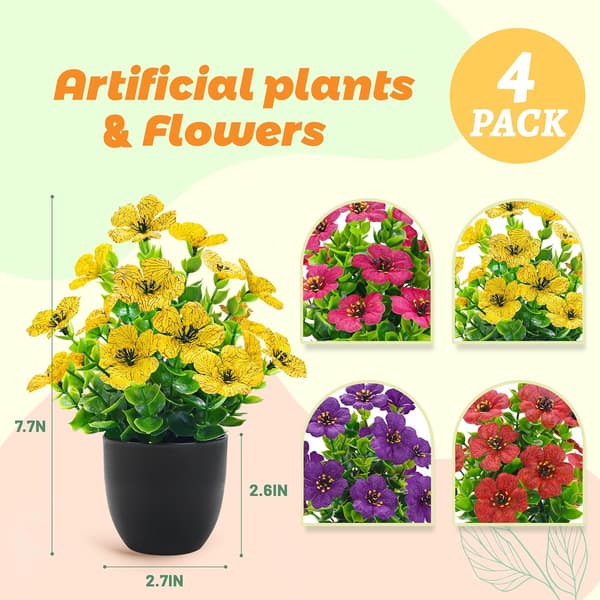 Artificial Mini Plants 4-pack – Decorative Flowers for Home Decor, Office, Table, and Spring Decoration Black