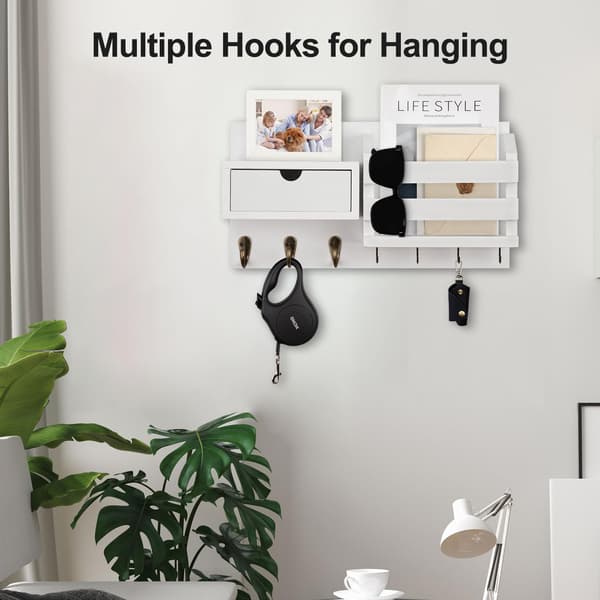 Väggmonterad nyckelhållare med postfack, paulowniaträ, 7 metallkrokar & låda White
