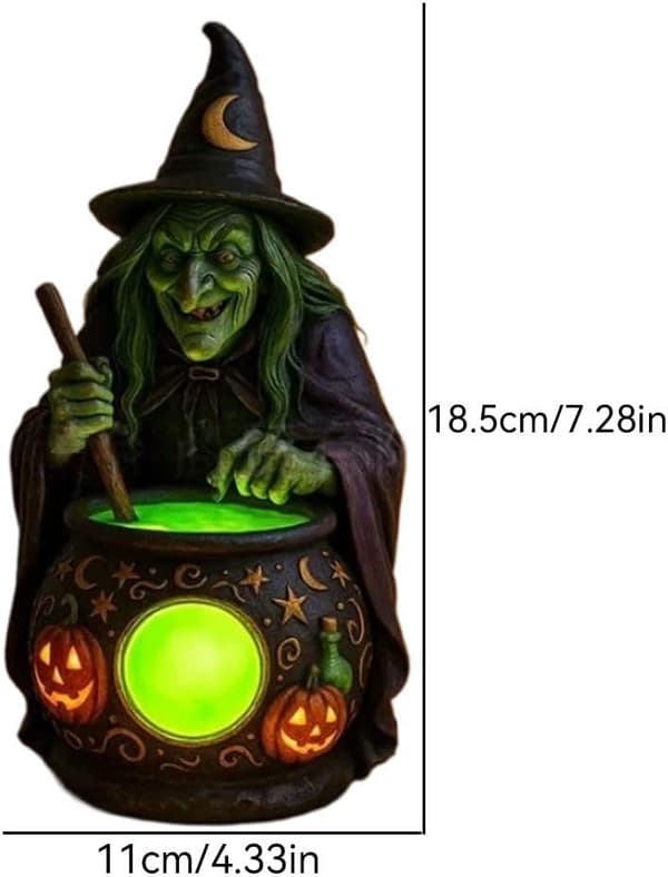 Halloween Decoration with Luminous Witch Cauldron, Battery-Powered Resin Decorative Figure for Home, Shelf, and Fireplace