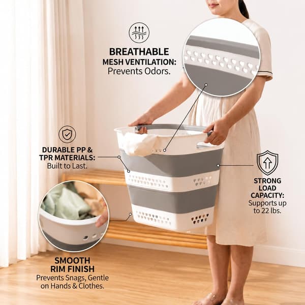 Laundry Basket 42 L, Foldable Laundry Hamper with Handles, Lightweight and Space-Saving for Home and Dorm Light grey 2 Pack